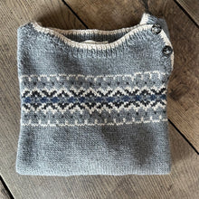 Load image into Gallery viewer, SMALL Intricate Fair Isle button neck jumper (grey/blue) : &lt;span style=&#39;text-decoration:line-through; color:red; font-size:18px;&#39;&gt;£365&lt;/span&gt;