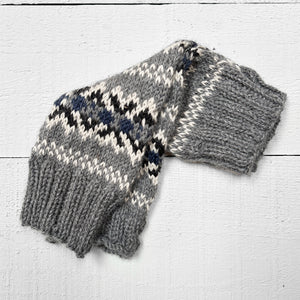 Fair Isle wrist warmers (grey/blue)