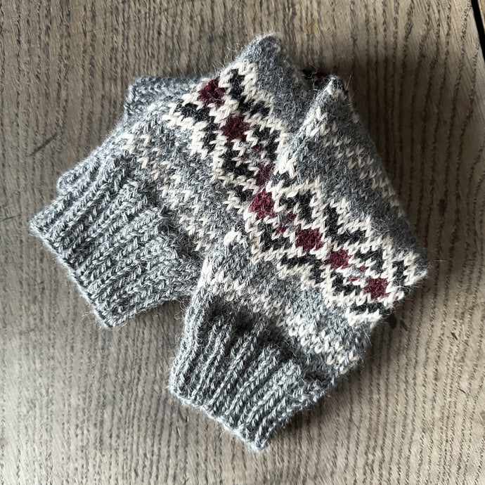 Fair Isle wrist warmers (grey/burgundy) : <span style='text-decoration:line-through; color:red; font-size:18px;'>£69</span>