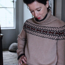 Load image into Gallery viewer, S/M Intricate Fair Isle polo neck (camel/charcoal/rust) : &lt;span style=&#39;text-decoration:line-through; color:red; font-size:18px;&#39;&gt;£385&lt;/span&gt;